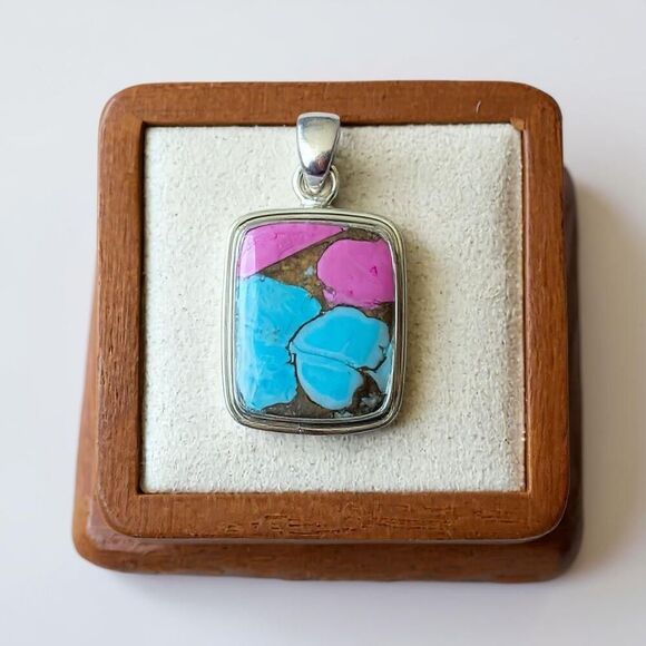 Southwestern Cotton Candy Turquoise Rectangular Pendant Sterling Silver Necklace - Picture 1 of 4